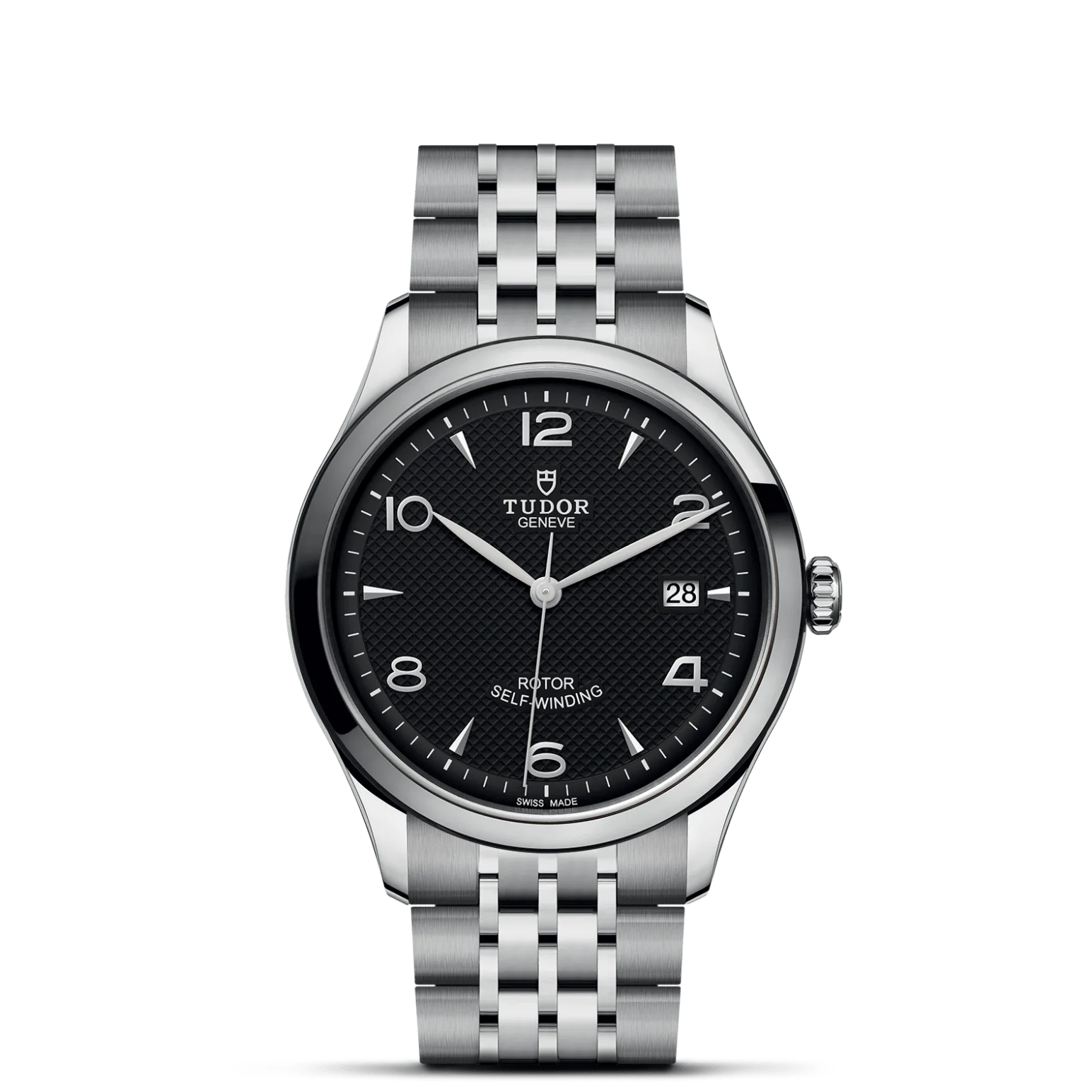 TUDOR 1926, con Dial Negra, decorada con elementos grabados, abombaday Bisel Bisel liso de acero, acabado pulido