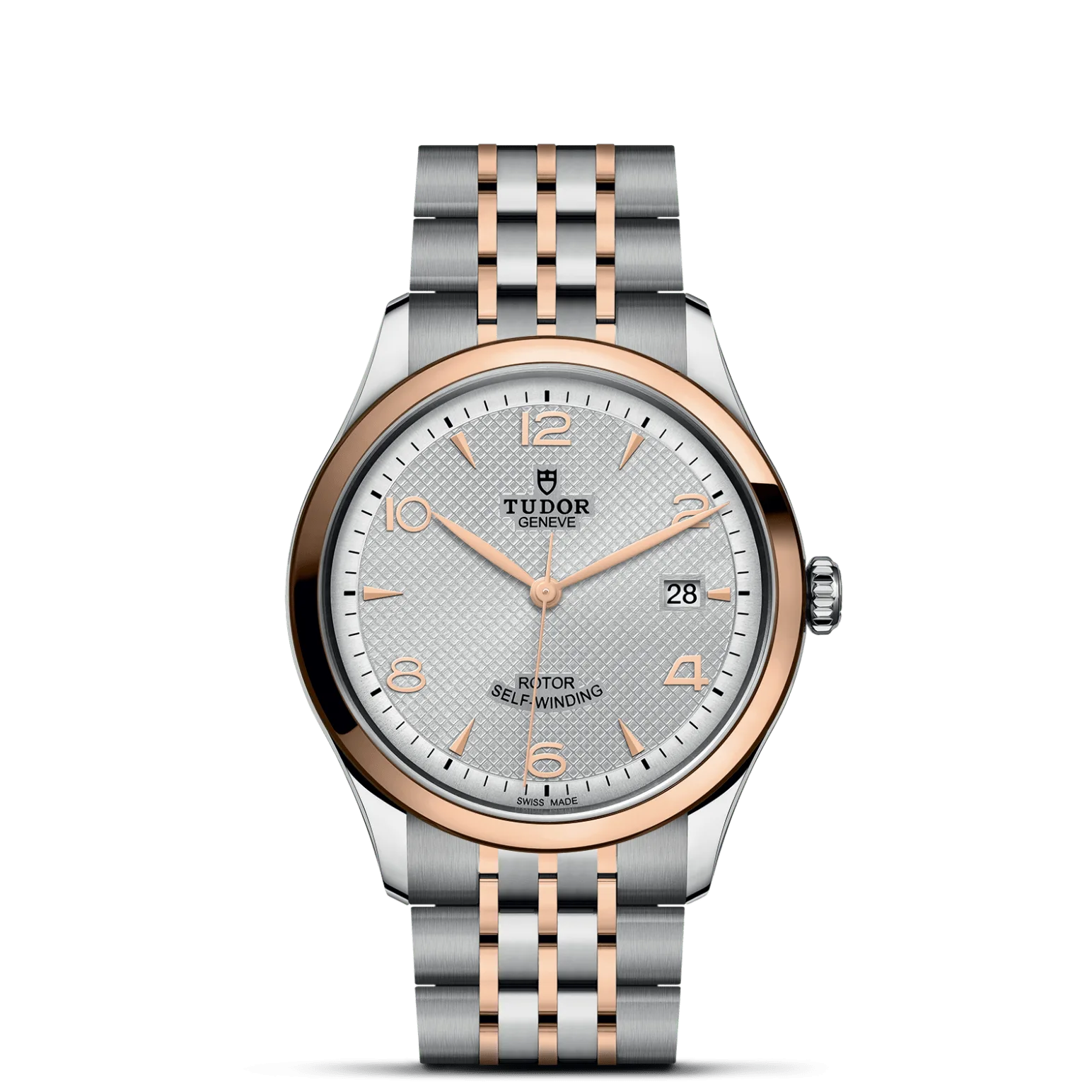 TUDOR 1926, con Dial Plateada, decorada con elementos grabados, abombaday Bisel Bisel liso de acero con acabado pulido recubierto de 0,3 mm de oro rosa