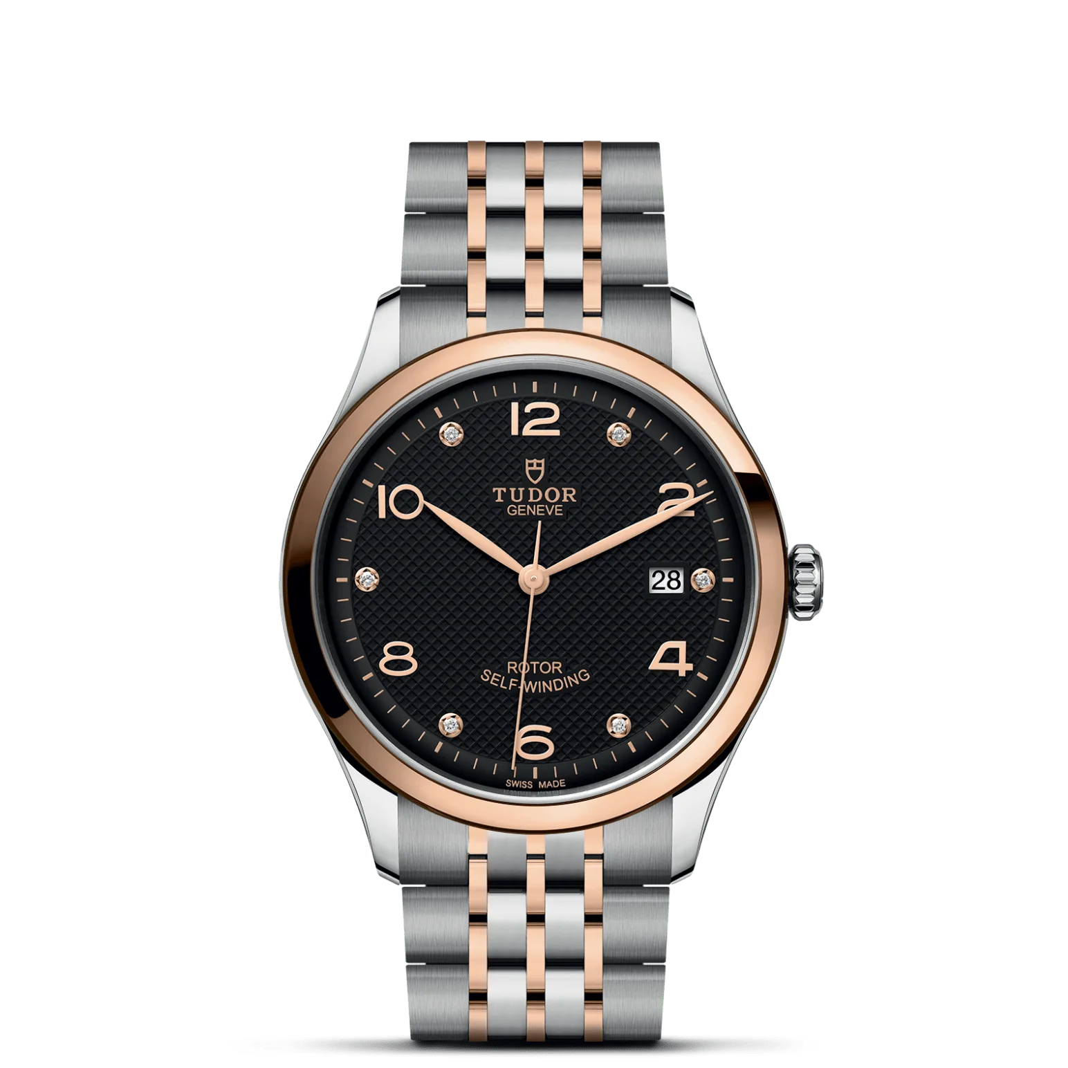 TUDOR 1926, con Dial Negra, decorada con elementos grabados, abombada, con 6 diamantesy Bisel Bisel liso de acero con acabado pulido recubierto de 0,3 mm de oro rosa