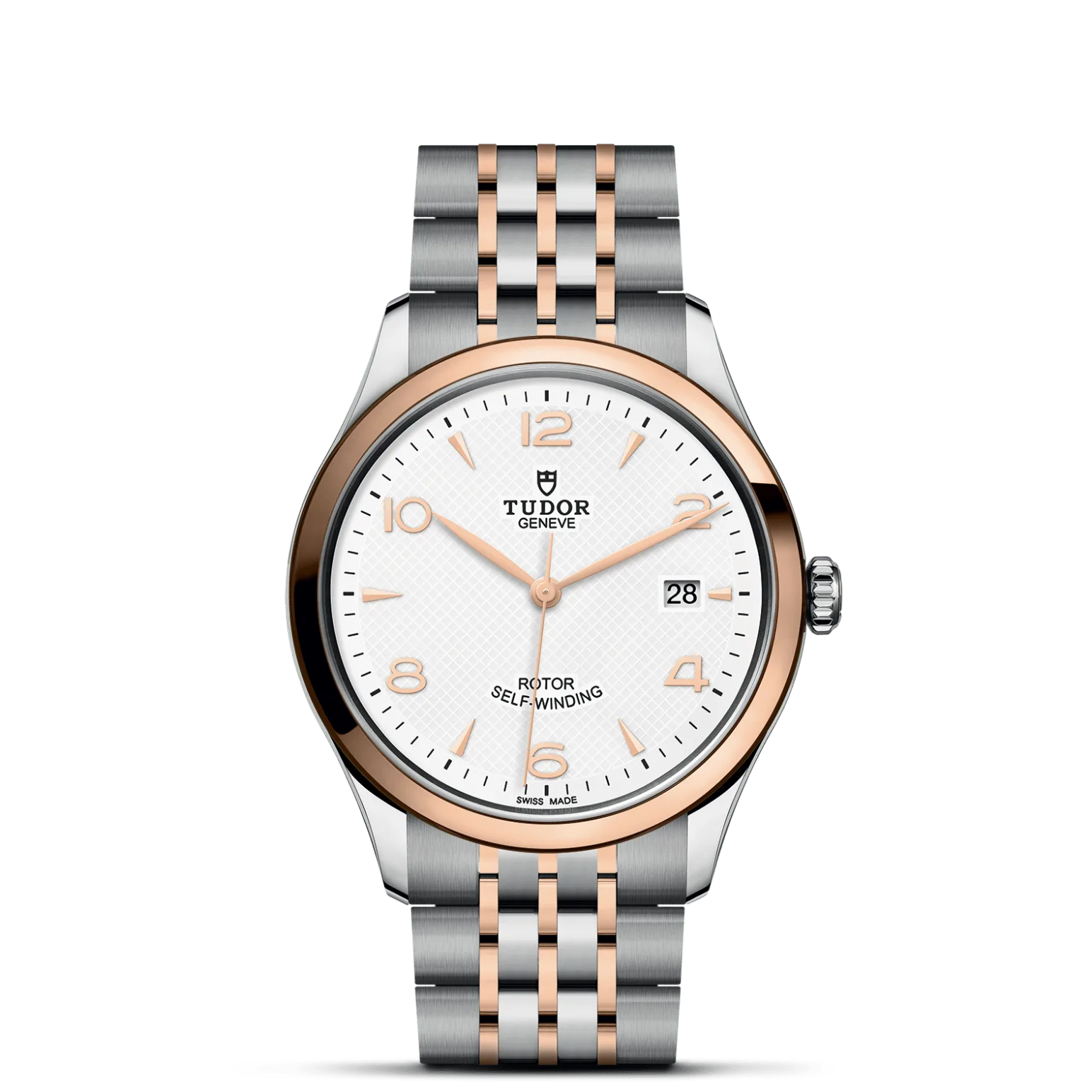 TUDOR 1926, con Dial Blanca, decorada con elementos grabados, abombaday Bisel Bisel liso de acero con acabado pulido recubierto de 0,3 mm de oro rosa