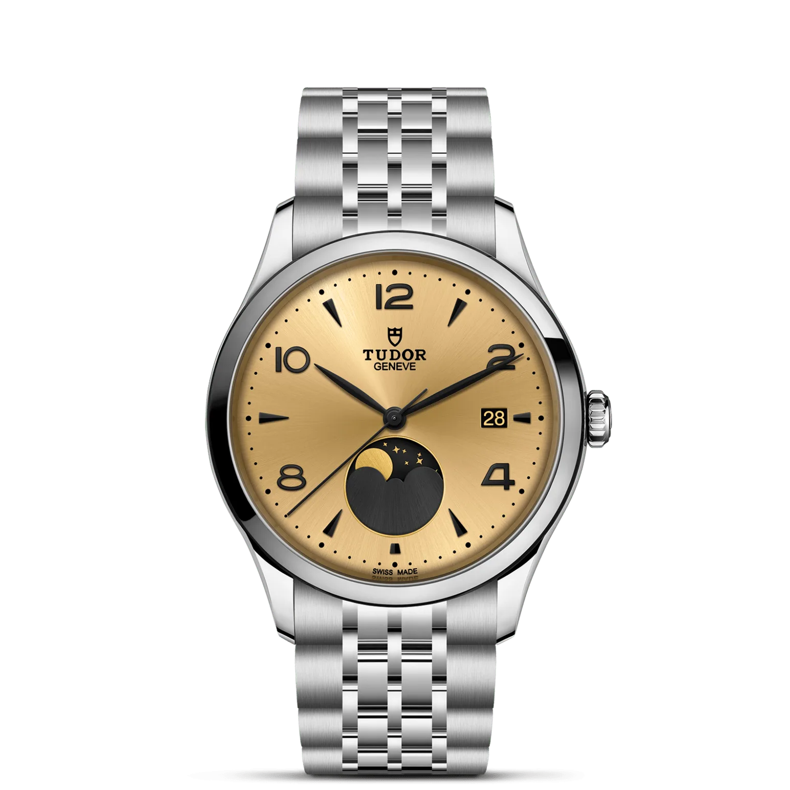 TUDOR 1926 Luna, con Dial Esfera satinada «rayos de sol» color champán con apliques e indicador de fases lunaresy Bisel Bisel liso de acero con acabado pulido
